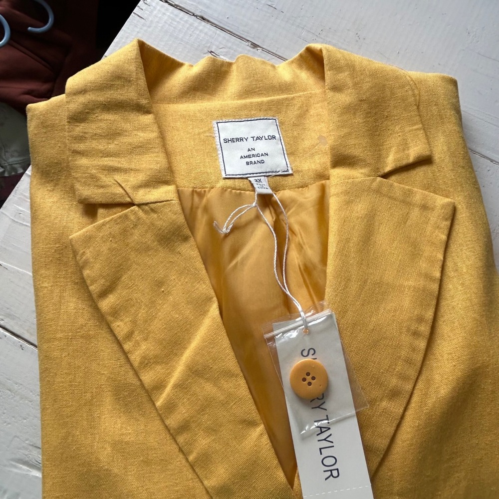 Sherry Taylor Mustard Yellow Linen Blend Ruched Sleeve Blazer Jacket 2X NEW